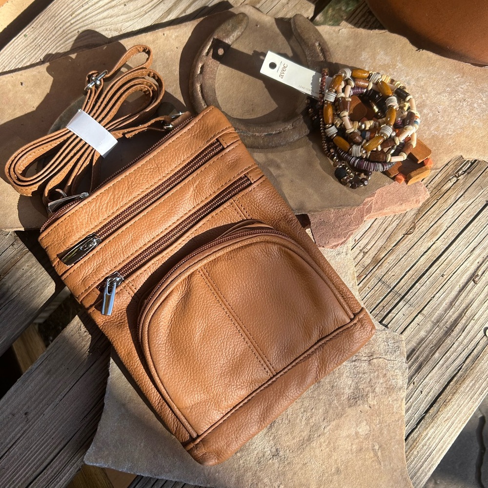 Caramel Genuine Leather Crossbody Bag Handcrafted NWT